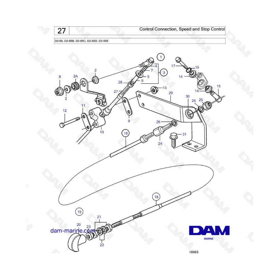 Volvo Penta D2-55 / D2-55B / D2-55C / D2-55D / D2-55E - Conexión de control, control de velocidad y parada