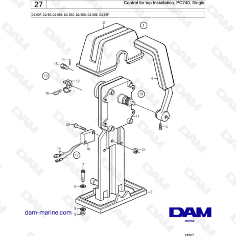 Volvo Penta D2-50F / D2-55 / D2-55B / D2-55C / D2-55D / D2-55E / D2-55F - Control for top installation, PC740, single