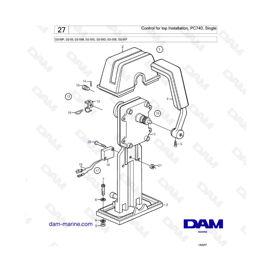 Volvo Penta D2-50F / D2-55 / D2-55B / D2-55C / D2-55D / D2-55E / D2-55F - Control for top installation, PC740, single