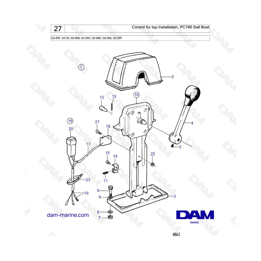 Volvo Penta D2-50F / D2-55 / D2-55B / D2-55C / D2-55D / D2-55E / D2-55F - Control for top Installation, PC740 Sail Boat