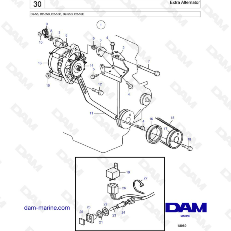 Volvo Penta D2-55 / D2-55B / D2-55C / D2-55D / D2-55E - Alternador adicional