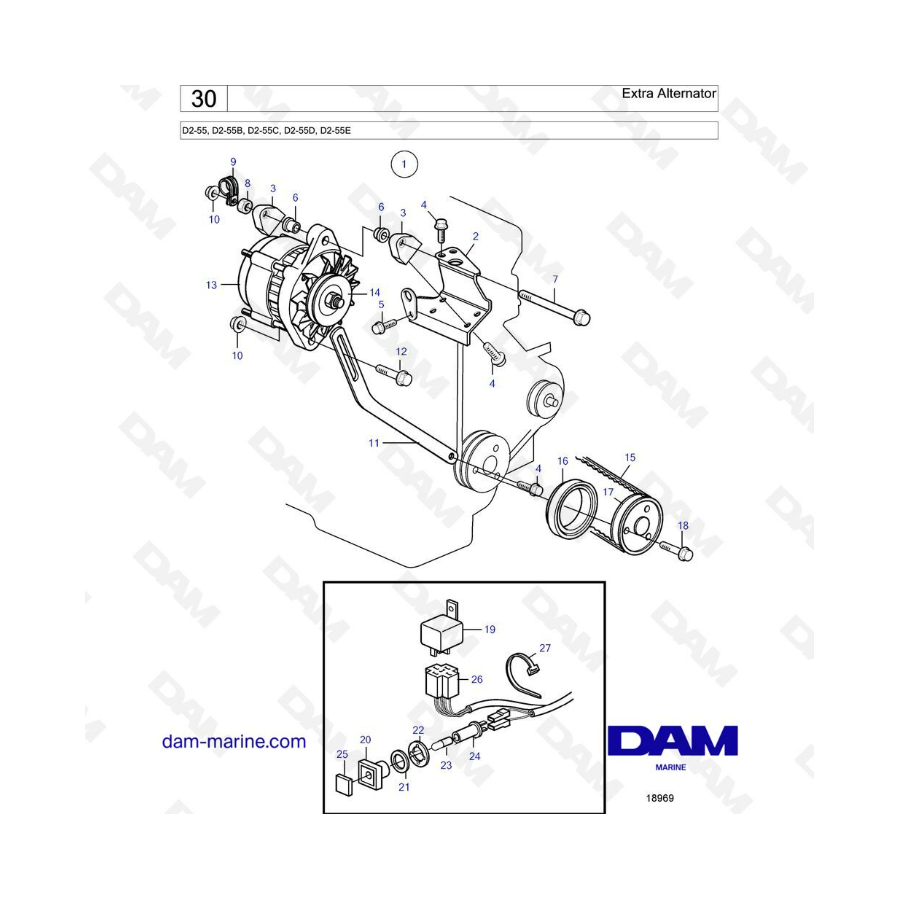 Volvo Penta D2-55 / D2-55B / D2-55C / D2-55D / D2-55E - Alternador adicional