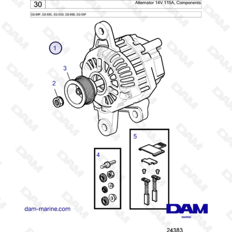 Volvo Penta D2-50F / D2-55C / D2-55D / D2-55E / D2-55F - Alternador 14V 115A Componentes