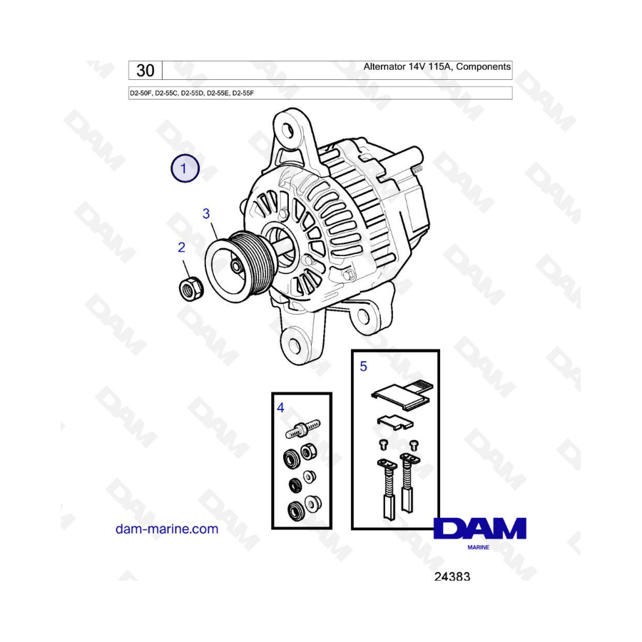 Volvo Penta D2-50F / D2-55C / D2-55D / D2-55E / D2-55F - Alternador 14V 115A Componentes