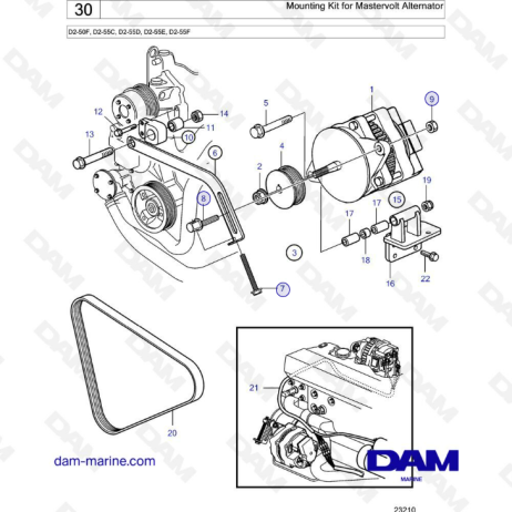 Volvo Penta D2-50F / D2-55C / D2-55D / D2-55E / D2-55F - Kit de montaje para alternador mastervol