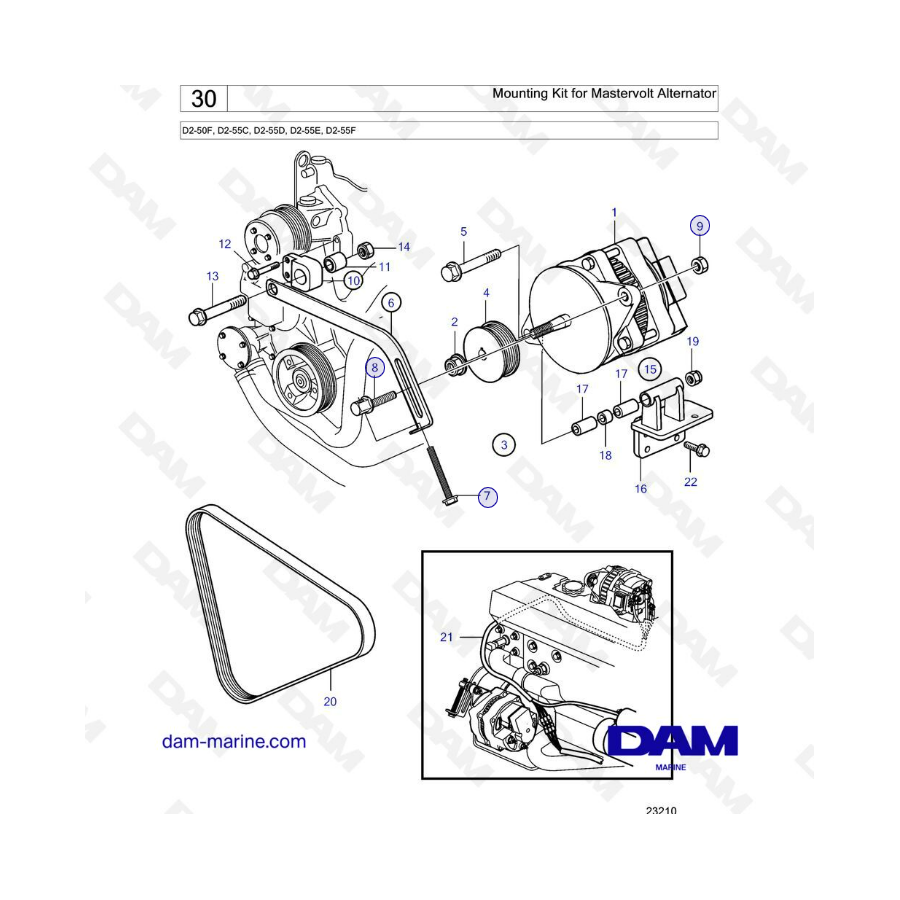 Volvo Penta D2-50F / D2-55C / D2-55D / D2-55E / D2-55F - Kit de montaje para alternador mastervol