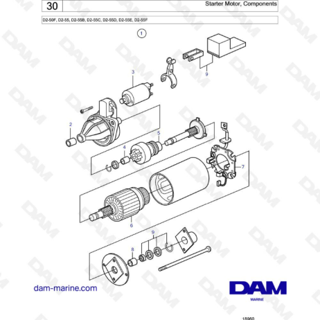 Volvo Penta D2-50F / D2-55 / D2-55B / D2-55C / D2-55D / D2-55E / D2-55F - Motor de arranque, componentes