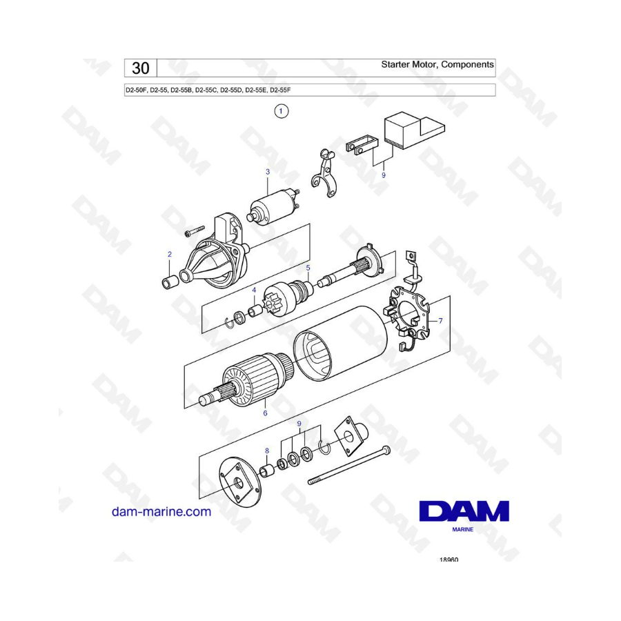 Volvo Penta D2-50F / D2-55 / D2-55B / D2-55C / D2-55D / D2-55E / D2-55F - Motor de arranque, componentes