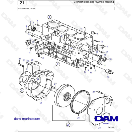 Volvo Penta D2-75 / D2-75B / D2-75C - Bloque de cilindros y carcasa del volante