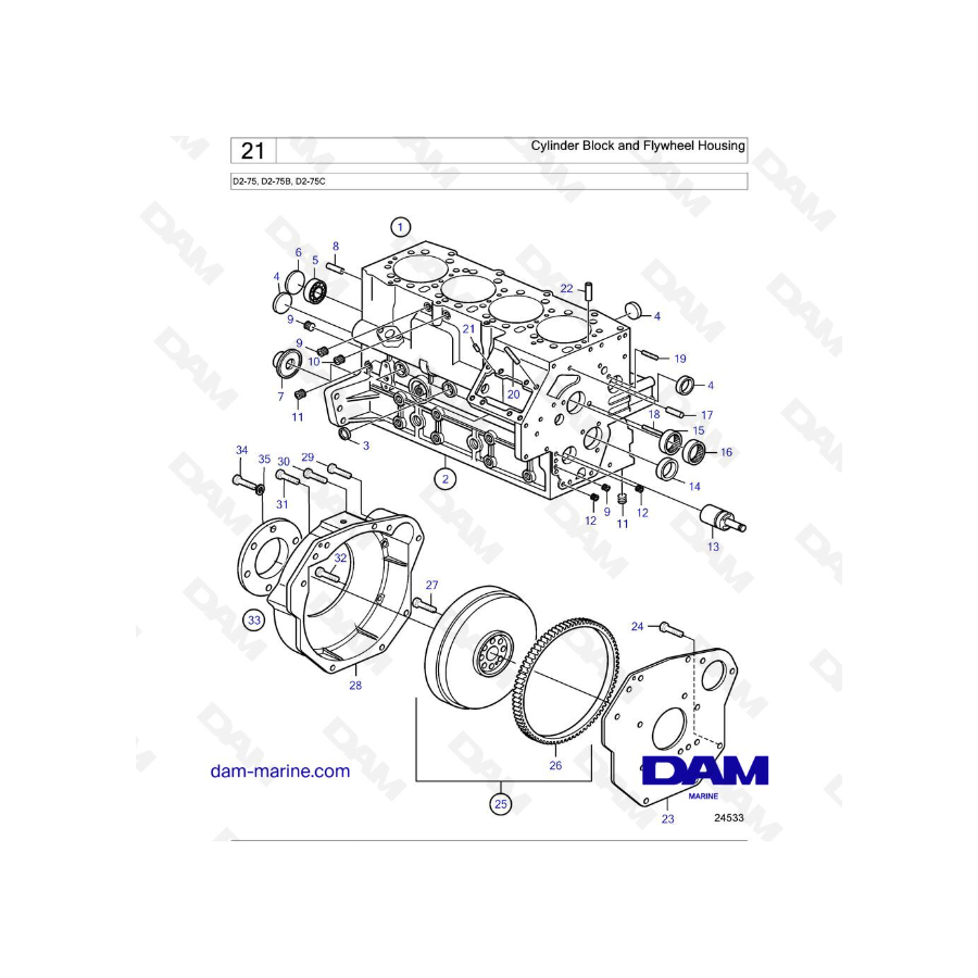 Volvo Penta D2-75 / D2-75B / D2-75C - Bloque de cilindros y carcasa del volante