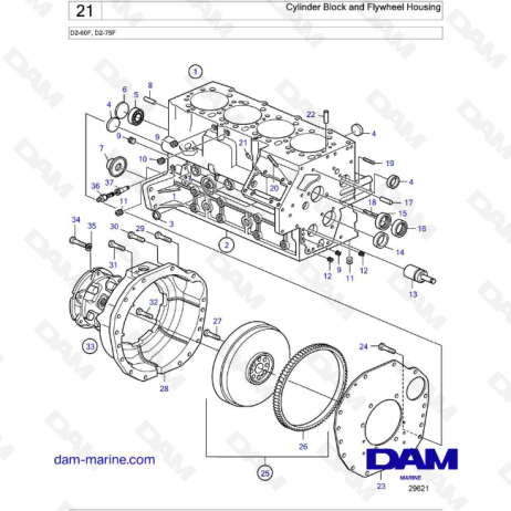 Volvo Penta D2-60F / D2-75F - Bloque de cilindros y carcasa del volante