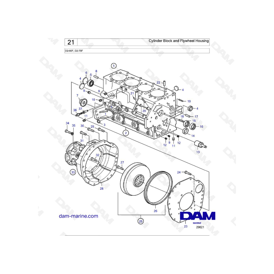 Volvo Penta D2-60F / D2-75F - Bloque de cilindros y carcasa del volante