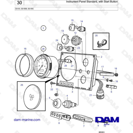 Volvo Penta D2-55 / D2-55B / D2-55C - Instrument panel standard, with start button