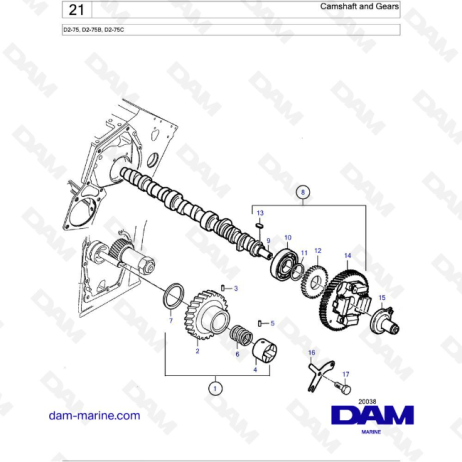 Volvo Penta D2-75 / D2-75B / D2-75C - Árbol de levas y engranajes