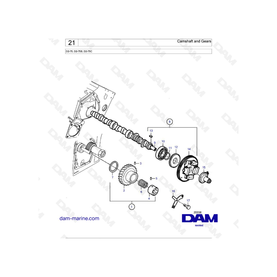 Volvo Penta D2-75 / D2-75B / D2-75C - Árbol de levas y engranajes