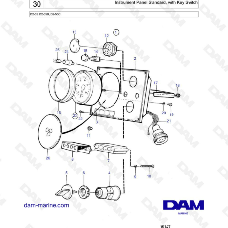 Volvo Penta D2-55 / D2-55B / D2-55C - Instrument panel standard, with key switch