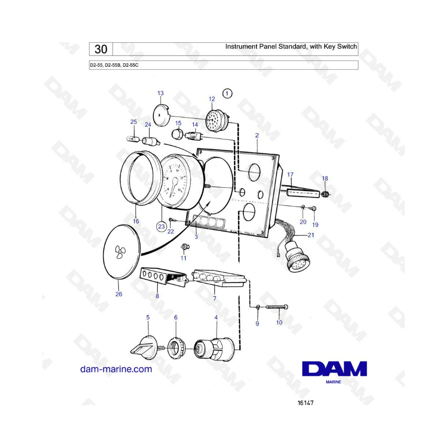 Volvo Penta D2-55 / D2-55B / D2-55C - Panel de instrumentos estándar, con interruptor de llave