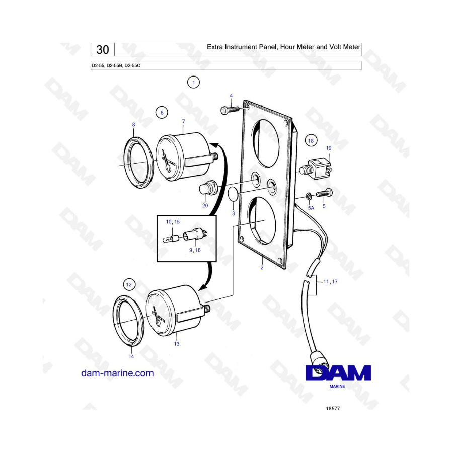 Volvo Penta D2-55 / D2-55B / D2-55C - Extra instrument panel, hour meter & volt meter