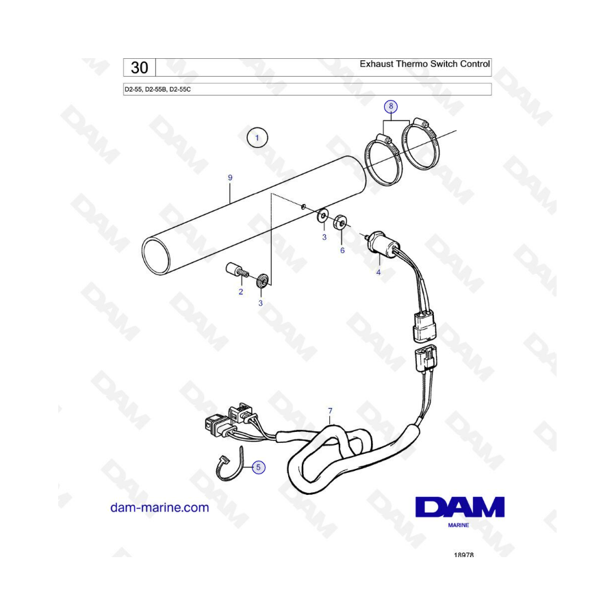 Volvo Penta D2-55 / D2-55B / D2-55C - Exhaust thermo switch control 