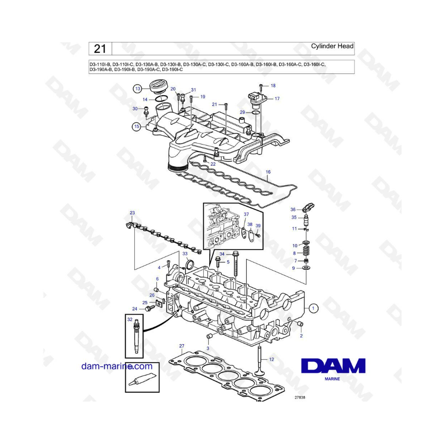 Volvo Penta D3-110I-B / -C / D3-130A-B / A-C / I-B / I-C / D3-160A-B / I-B / A-C / I-C / A-B / I-B / A-C / I-C - Culata