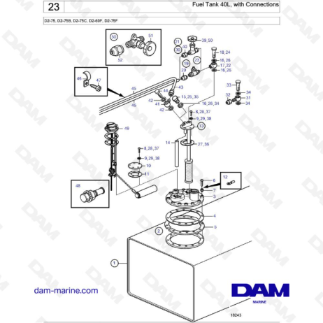 Volvo Penta D2-75 / D2-75B / D2-75C / D2-60F / D2-75F - Depósito Combustible 40L, con Conexiones