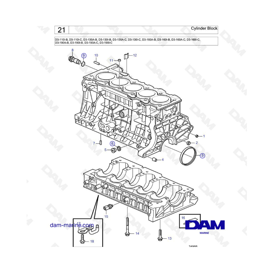 Volvo Penta D3-110I-B / I-C / D3-130A-B -C / I-B -C / D3-160A-B-C / I-B -C / D3-190A-B / A-C / I-B / I-C - Bloque de cilindros