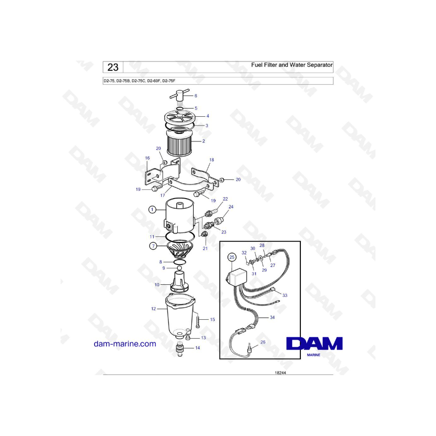 Volvo Penta D2-75 / D2-75B / D2-75C / D2-60F / D2-75F - Filtro de combustible y separador de agua