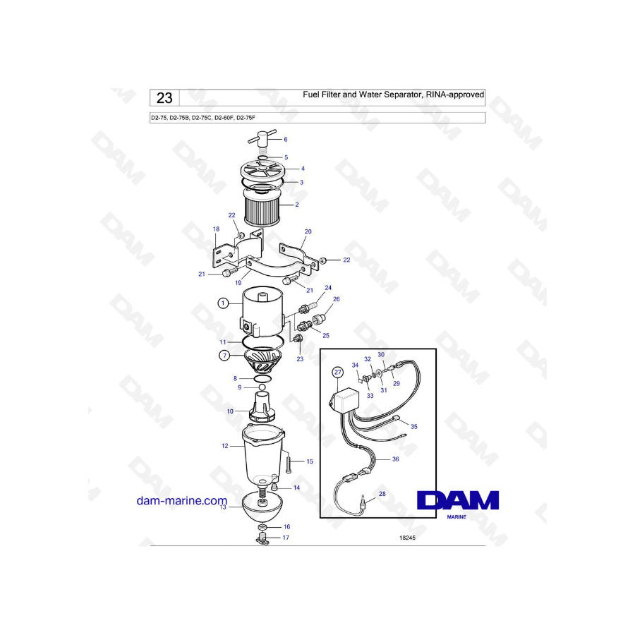 Volvo Penta D2-75 / D2-75B / D2-75C / D2-60F / D2-75F - Filtro de combustible y separador de agua, aprobado por RINA