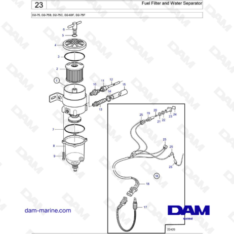 Volvo Penta D2-75 / D2-75B / D2-75C / D2-60F / D2-75F - Filtro de combustible y separador de agua