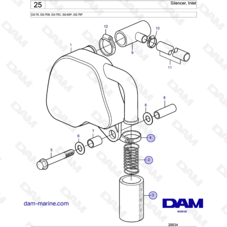 Volvo Penta D2-75 / D2-75B / D2-75C / D2-60F / D2-75F - Silencer, Inlet