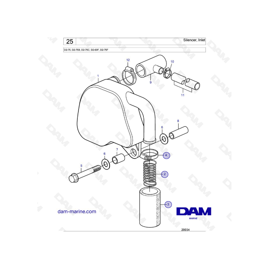 Volvo Penta D2-75 / D2-75B / D2-75C / D2-60F / D2-75F - Silencer, Inlet