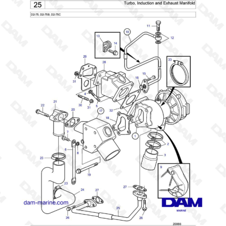 Volvo Penta D2-75 / D2-75B / D2-75C - Colector Turbo, Admisión y Escape