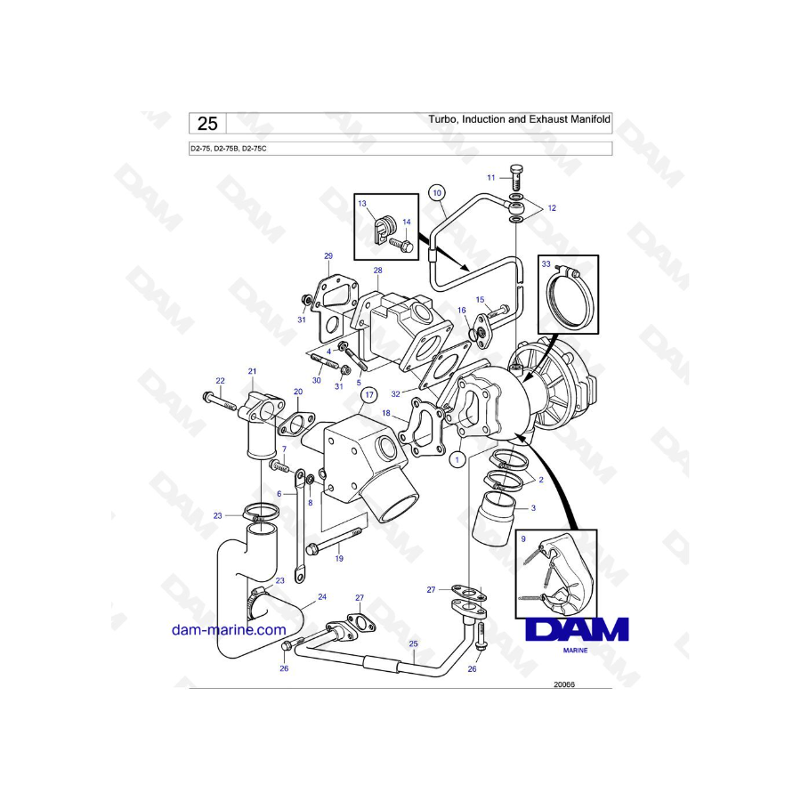 Volvo Penta D2-75 / D2-75B / D2-75C - Colector Turbo, Admisión y Escape