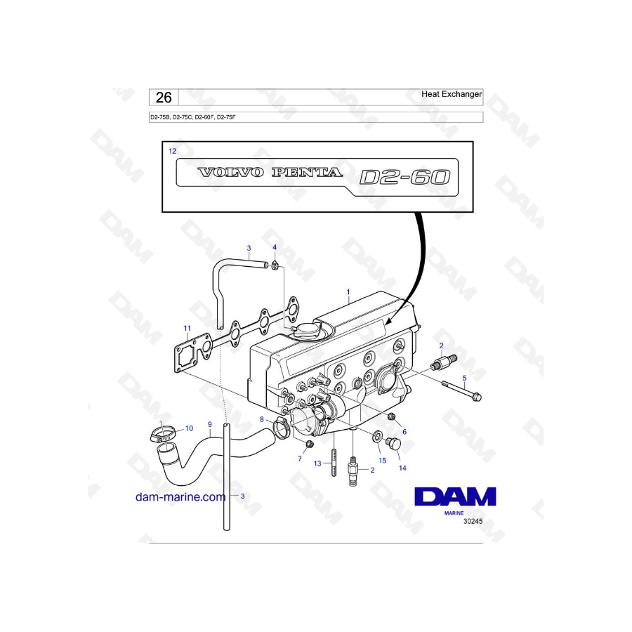 Volvo Penta D2-75 / D2-75B / D2-75C / D2-60F / D2-75F - Intercambiador de calor