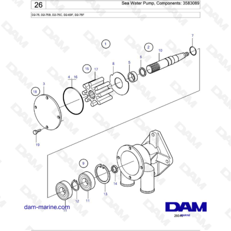 Volvo Penta D2-75 / D2-75B / D2-75C / D2-60F / D2-75F - Bomba de agua de mar, Componentes: 3583089