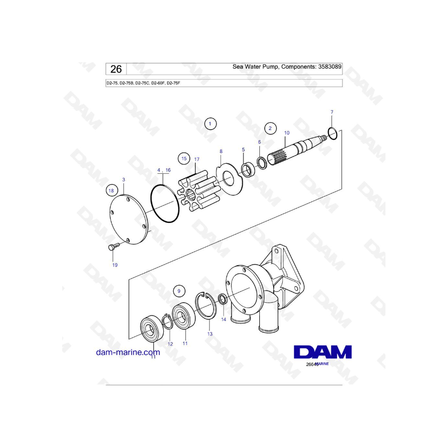 Volvo Penta D2-75 / D2-75B / D2-75C / D2-60F / D2-75F - Sea Water Pump, Components: 3583089