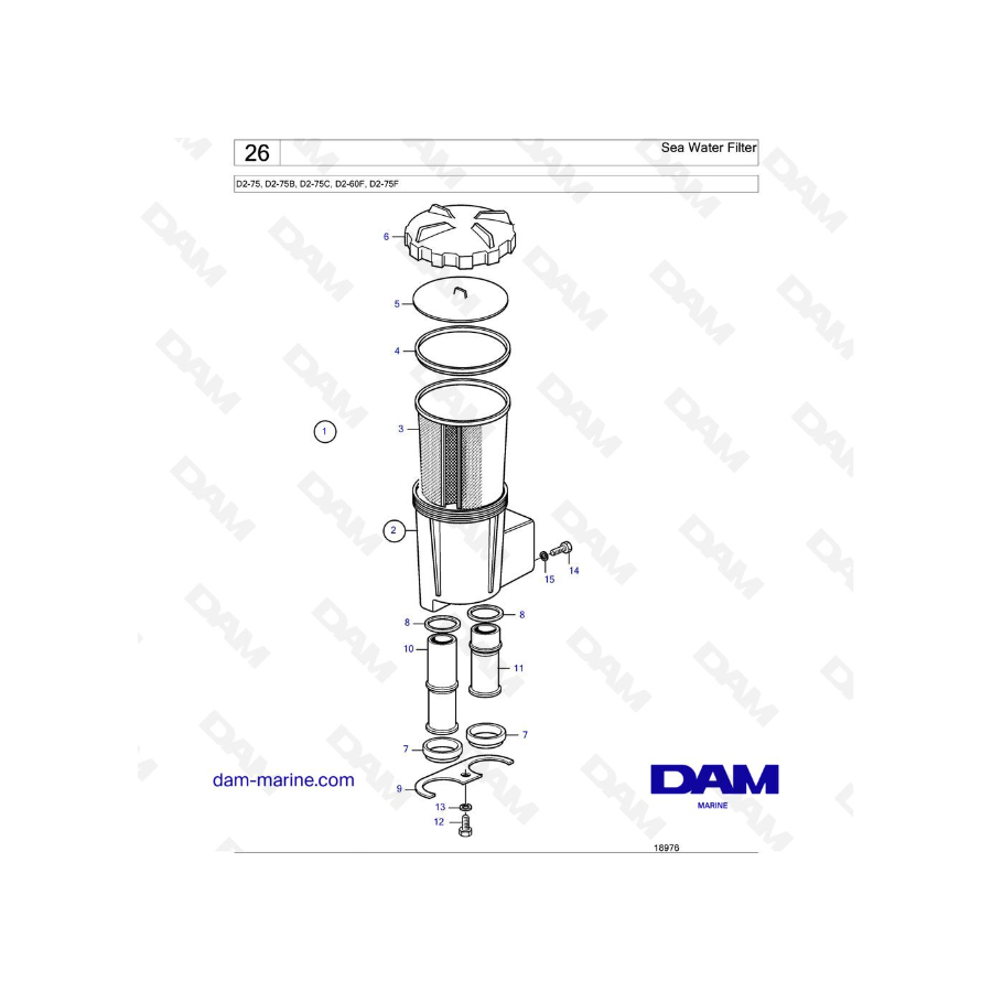 Volvo Penta D2-75 / D2-75B / D2-75C / D2-60F / D2-75F - Filtro de agua de mar