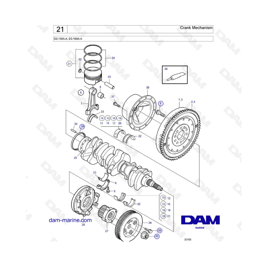 Volvo Penta D3-130A-A, D3-160A-A - Crank Mechanism