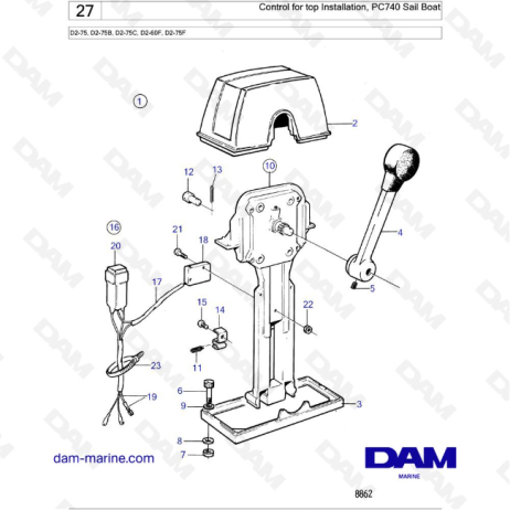 Volvo Penta D2-75 / D2-75B / D2-75C / D2-60F / D2-75F - Control for top Installation, PC740 Sail Boat