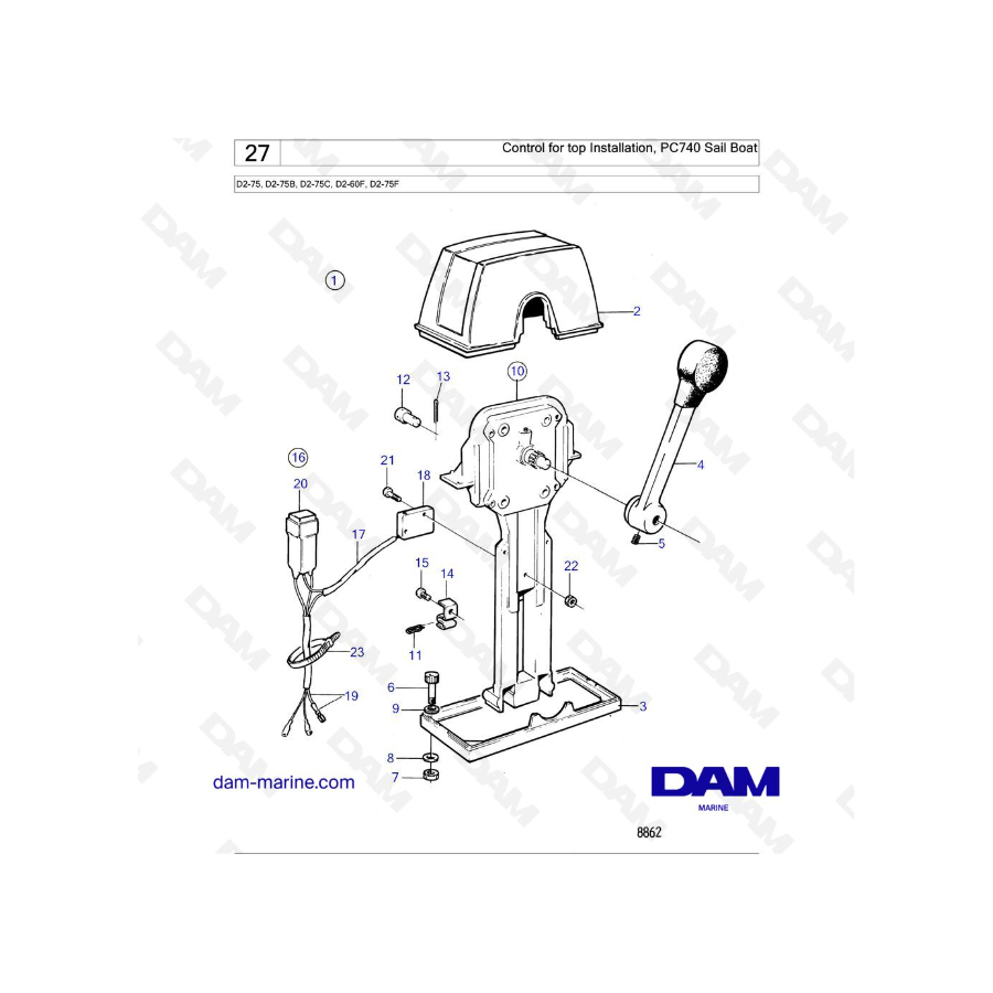 Volvo Penta D2-75 / D2-75B / D2-75C / D2-60F / D2-75F - Control for top Installation, PC740 Sail Boat