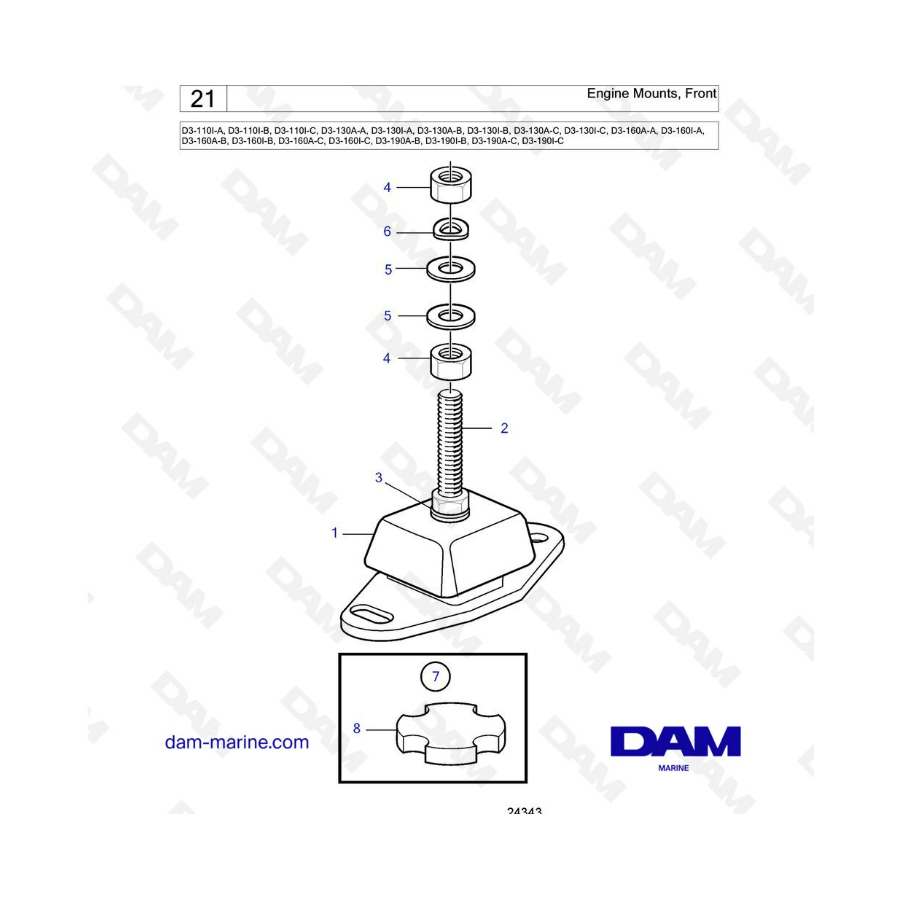 Volvo Penta D3-110 / D3-130 / D3-160 / D3-190 - Engine mounts, Front