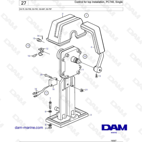 Volvo Penta D2-75 / D2-75B / D2-75C / D2-60F / D2-75F - Control for top Installation, PC740, Single