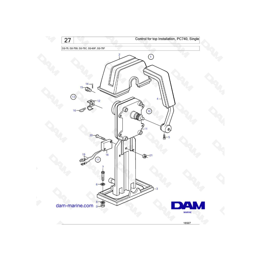 Volvo Penta D2-75 / D2-75B / D2-75C / D2-60F / D2-75F - Control for top Installation, PC740, Single