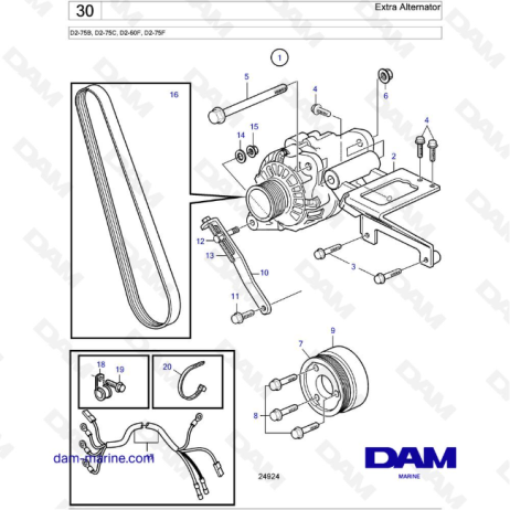 Volvo Penta D2-75 / D2-75B / D2-75C / D2-60F / D2-75F - Alternador adicional