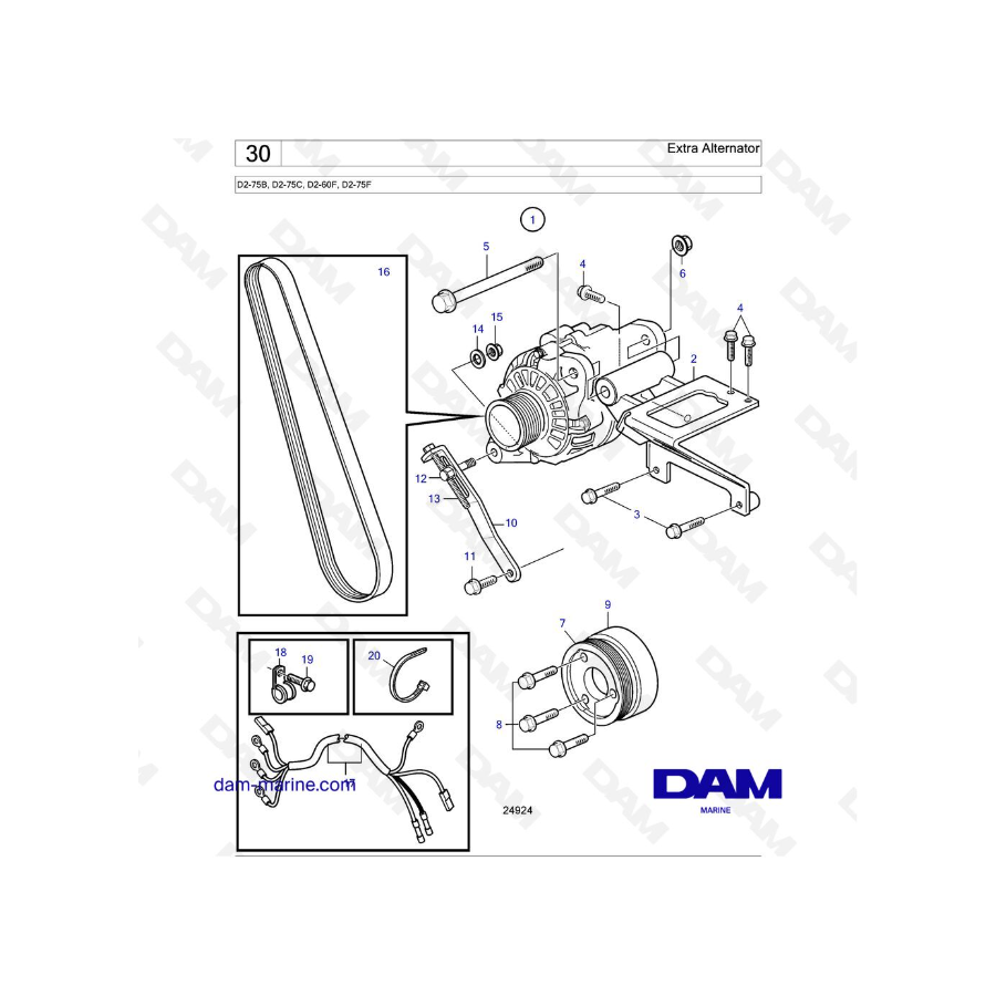 Volvo Penta D2-75 / D2-75B / D2-75C / D2-60F / D2-75F - Alternador adicional