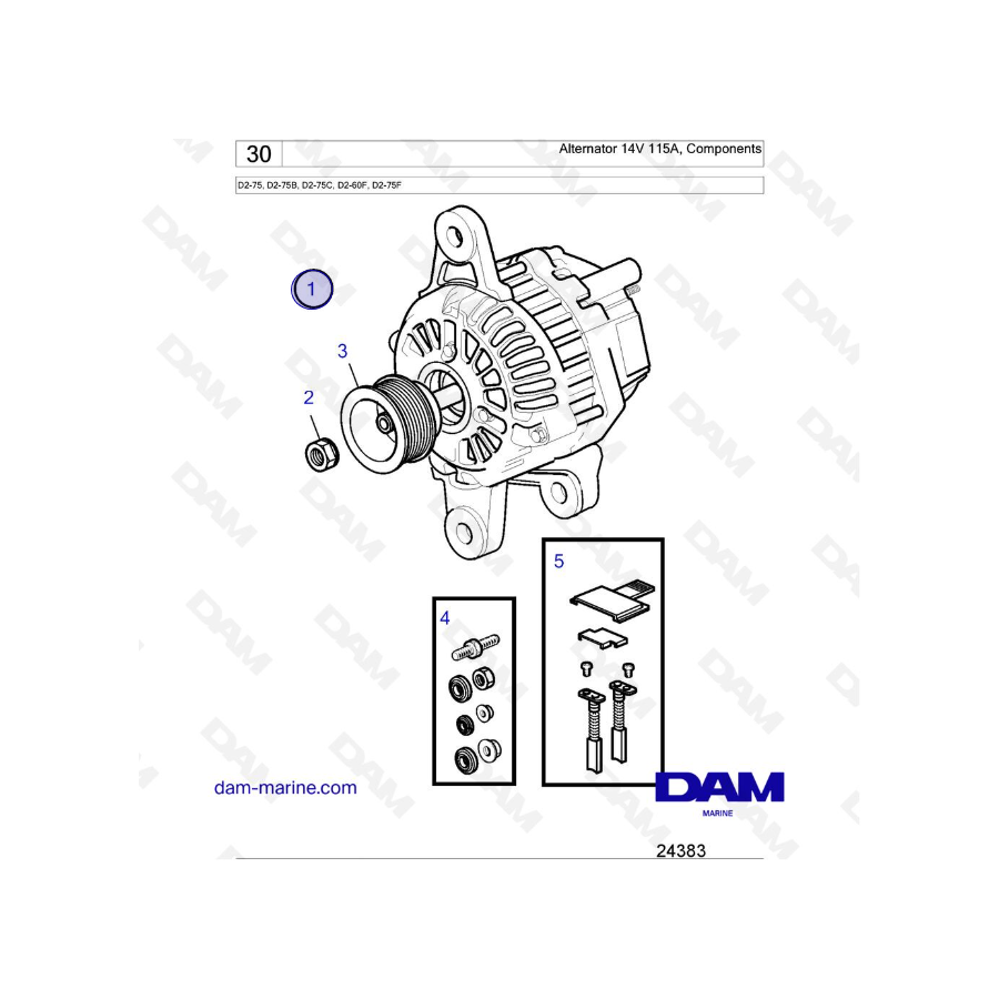 Volvo Penta D2-75 / D2-75B / D2-75C / D2-60F / D2-75F - Alternador 14V 115A, Componentes