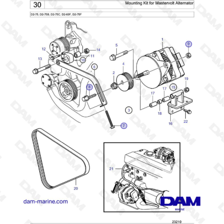 Volvo Penta D2-75 / D2-75B / D2-75C / D2-60F / D2-75F - Kit de montaje para alternador Mastervolt