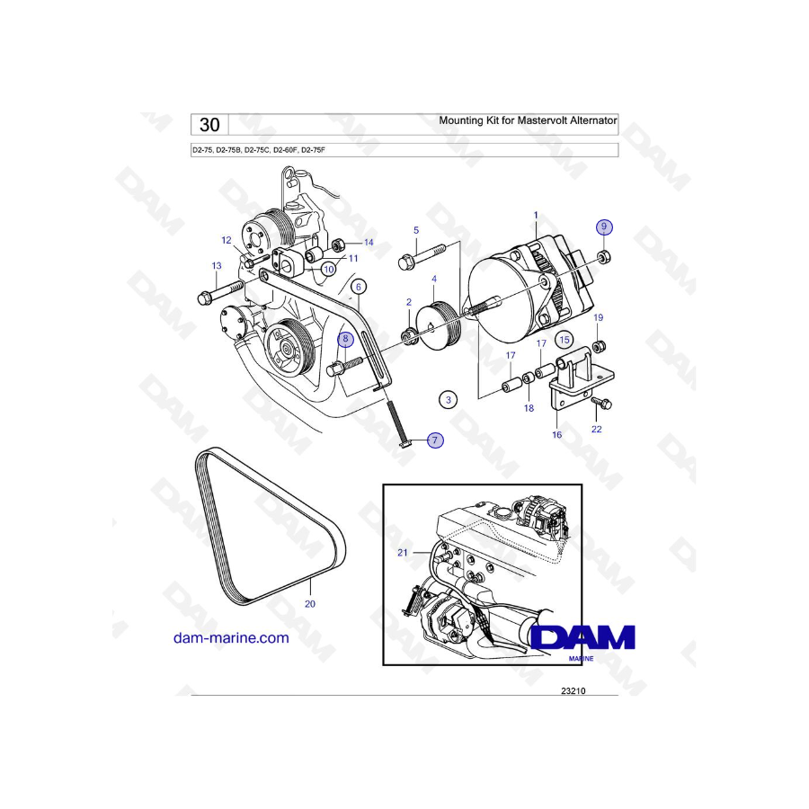 Volvo Penta D2-75 / D2-75B / D2-75C / D2-60F / D2-75F - Kit de montaje para alternador Mastervolt