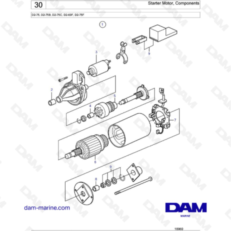 Volvo Penta D2-75 / D2-75B / D2-75C / D2-60F / D2-75F - Motor de arranque, Componentes