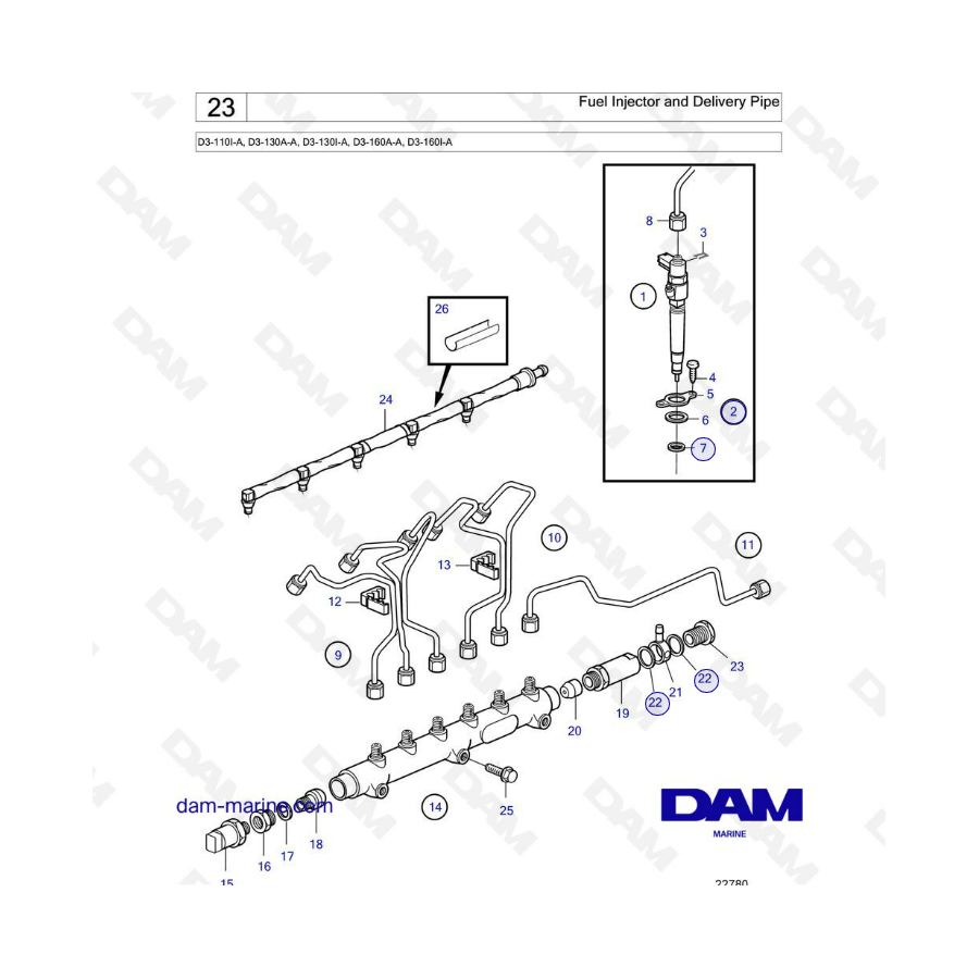 Volvo Penta D3-110 / D3-130 / D3-160 - Fuel injector & delivery pipe